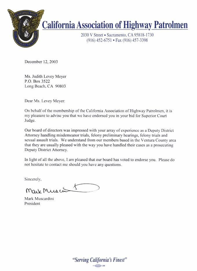 California Association of Highway Patrolmen endorses Judith L. Meyer for Los Angeles County Superior Court Judge