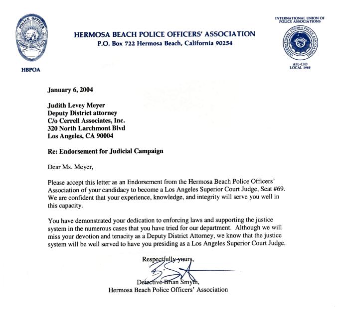 Hermosa Beach Police Officers Association endorses Judith L. Meyer for Los Angeles County Superior Court Judge