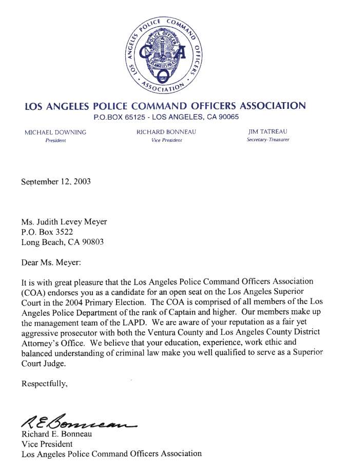 Los Angeles Police Command Officers Association endorses Judith L. Meyer for Los Angeles County Superior Court Judge