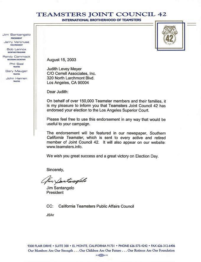 Teamsters Joint Council 42 endorses Judith L. Meyer for Los Angeles County Superior Court Judge