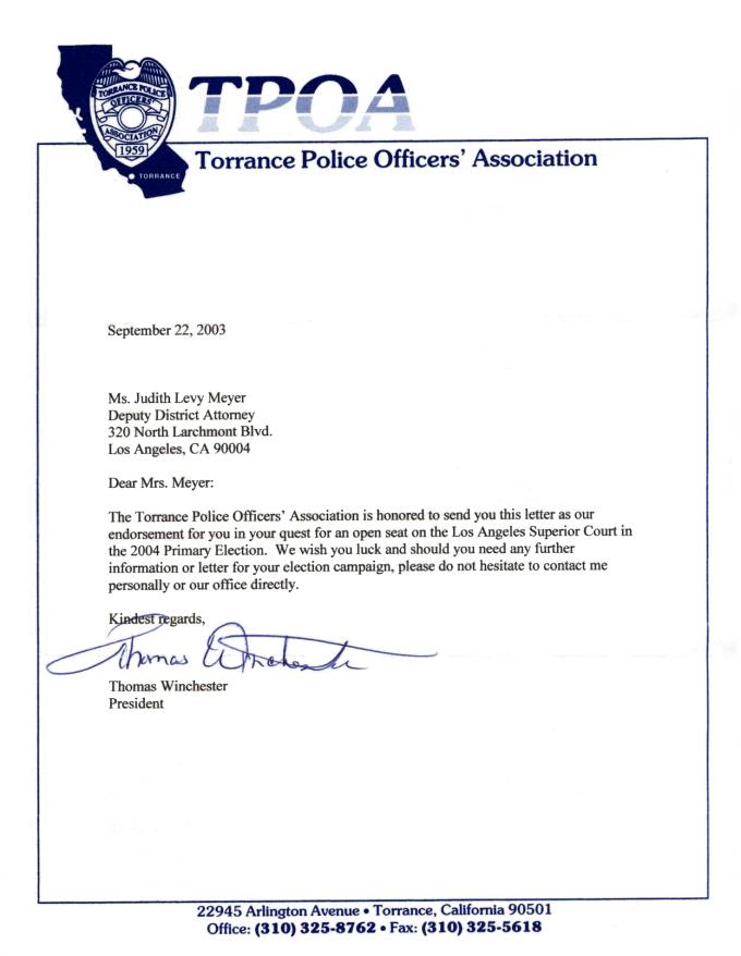Torrance Police Officers Association endorses Judith L. Meyer for Los Angeles County Superior Court Judge